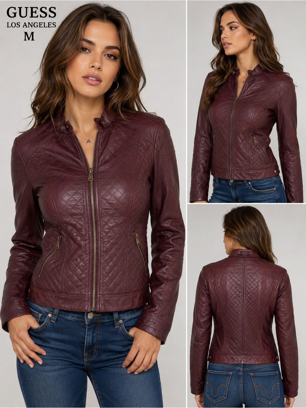 Vintage Y2K Guess Los Angeles XS Maroon Quilted Faux Leather Moto Jacket